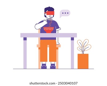 Man wearing virtual reality eating noodles at home, modern technology. Character design. Vector flat illustration