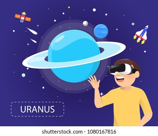 Man wearing virtual reality glasses looking uranus in universe concept