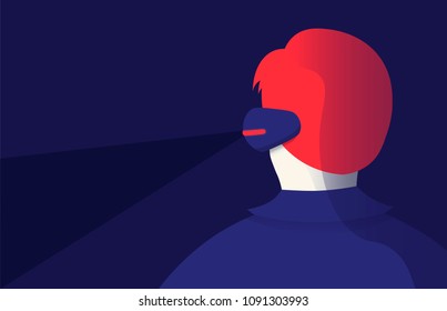 Man wearing virtual reality glasses. VR concept man landing page. Flat Vector illustration.