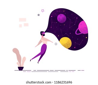 Man wearing virtual reality glasses seeing space galaxy universe planets being at home on weekend. Internet technology of future virtual augmented reality. Vector illustration in flat style