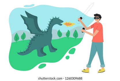 Man wearing virtual reality glasses. Innovation play device. Man playing virtual 3d fantasy game. Flat design vector illustration. 
