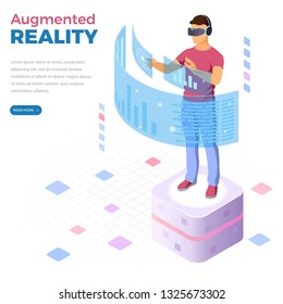 Man wearing virtual reality glasses with augmented reality touches transparent screens. isometric future technology. isolated vector illustration