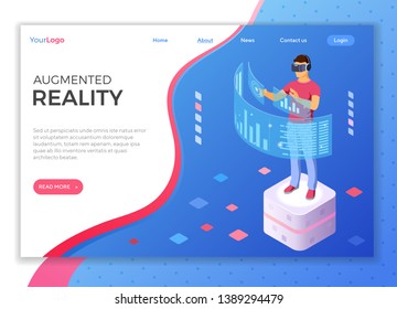 Man wearing virtual reality glasses with augmented reality touches transparent screens. isometric future technology. isolated vector illustration. landing page template