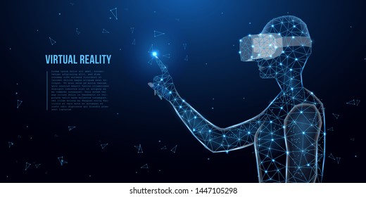 Man wearing virtual reality glasses. Abstract vr world  created in low poly style. Vector illustration