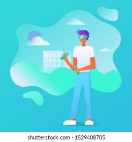 Man wearing virtual reality glasses, Innovation play device headset. Virtual travel route. Guy in helmet immersing in vr world holding motion controllers vector illustration. For banner, landing page