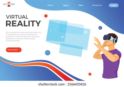 Man wearing virtual reality glasses with augmented reality touches transparent screens. isometric future technology. isolated vector illustration. landing page template