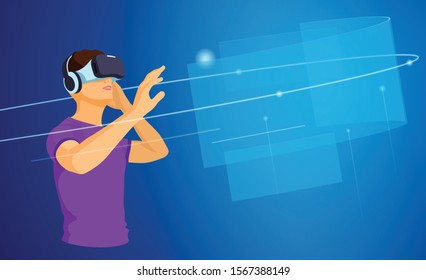 Man wearing virtual reality glasses with augmented reality touches virtual screen background. future technology. vector illustration