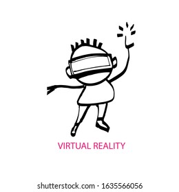 A man wearing virtual reality glasses. Cartoon character drawn by hand. Doodle illustration. Vector