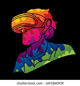 Man wearing virtual reality glasses cartoon graphic vector.