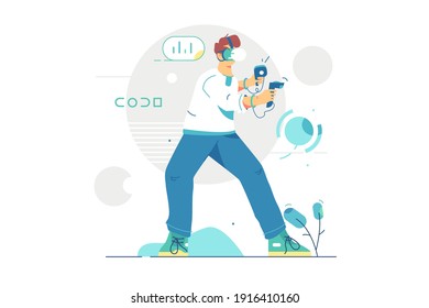 Hombre usando ilustración vectorial de gafas de realidad virtual. Persona en vr accesorio tiene un divertido estilo plano. El entretenimiento moderno y el concepto tecnológico innovador. Aislado sobre fondo blanco