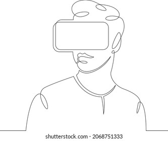 Man wearing virtual reality glasses. Young man is experiencing virtual reality through a VR headset.One continuous line .One continuous drawing line logo isolated minimal illustration.