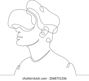 Man Wearing Virtual Reality Glasses. Young Man Is Experiencing Virtual Reality Through A VR Headset.One Continuous Line .One Continuous Drawing Line Logo Isolated Minimal Illustration.