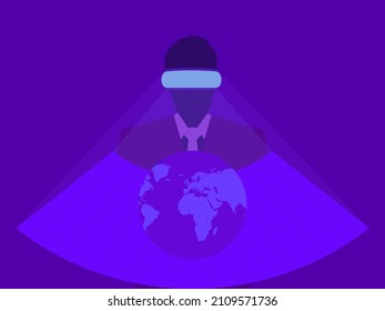 Hombre con gafas de realidad virtual en el metaverso. Introducir el espacio virtual en el auricular. Tecnología VR. Control manual de la realidad virtual. Colores morados. Ilustración del vector
