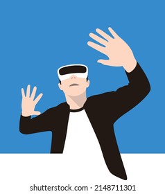 Man wearing Virtual Reality glasses. hands up, playing games, vector illustration