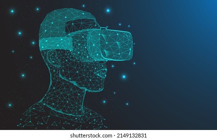 Man wearing virtual reality glasses VR world abstract with neon lines.vector illustration