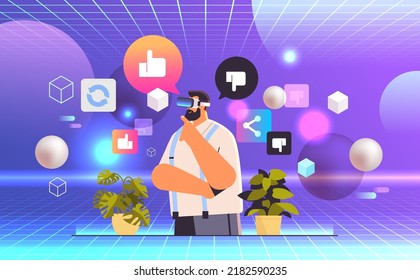 man wearing virtual reality glasses social media likes and dislikes icons internet network community vr vision headset innovation