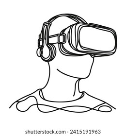 Man wearing virtual reality glasses. One continuous line