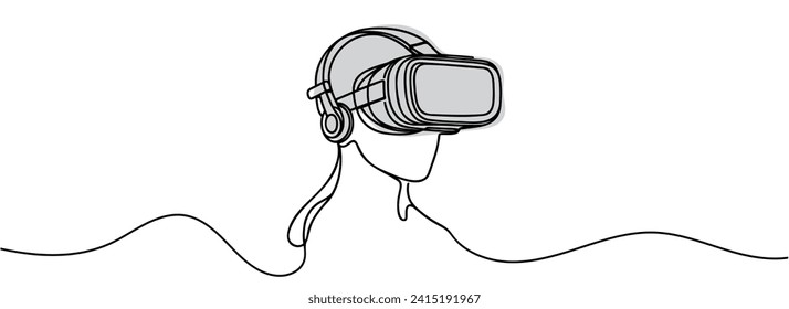 Hombre con gafas de realidad virtual. Una línea continua