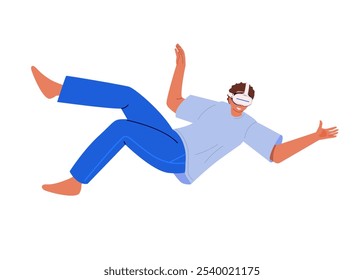 Hombre con gafas de realidad virtual, inmerso en un mundo virtual dinámico o metaverso. Innovaciones modernas de la tecnología futura. Ilustración vectorial plana