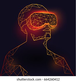 Man wearing virtual reality glasses from triangles. Vector illustration in futuristic style from gold polygon. It can be used for advertising, branding design, brochures,  poster, banner, packaging.