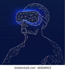 Man wearing virtual reality glasses from sultry triangles. Vector illustration from polygon. It can be used for advertising, branding design, brochures, cover, poster, tag, banner, packaging.