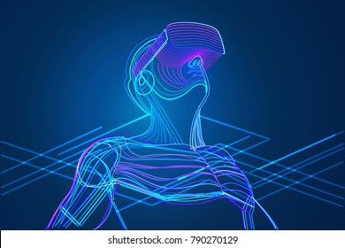 Man wearing virtual reality glasses. Abstract vr world with neon lines. Vector illustration