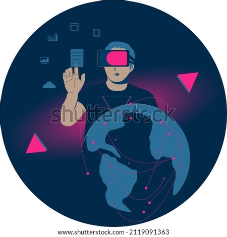 A man wearing virtual reality glasses in the metaverse