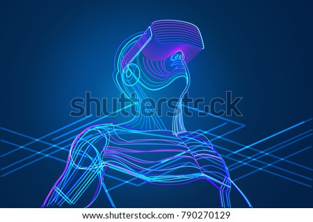 Man wearing virtual reality glasses. Abstract vr world with neon lines. Vector illustration