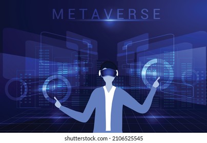 Man wearing virtual reality goggle glass, having 3d experience in virtual reality  vector illustration. Metaverse and blockchain 3D experience technology concept