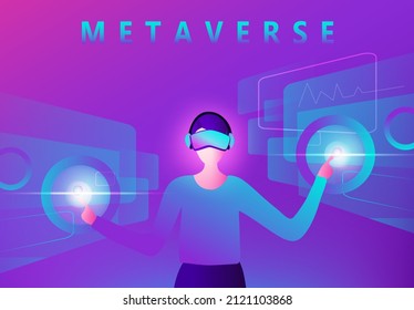 Man wearing virtual reality goggle glass, having 3d experience in business virtual reality vector illustration. Metaverse and blockchain 3D experience technology concept