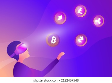 Man wearing virtual reality goggle glass, having 3d experience in cryptocurrency and financial virtual reality  vector illustration. Metaverse and blockchain 3D experience technology concept