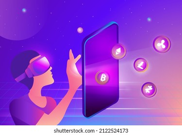 Man wearing virtual reality goggle glass, having 3d experience in cryptocurrency and financial virtual reality vector illustration. Metaverse and blockchain 3D experience technology concept