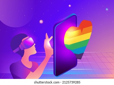 Mann mit virtuellem Reality-Gicht-Glas, mit 3D-Erfahrung in LGBTQ-Regenbogenherz-Gemeinschaft virtuelle Realität Vektorgrafik. 3D-Erfahrungskonzept für Metaverse und Blockchain