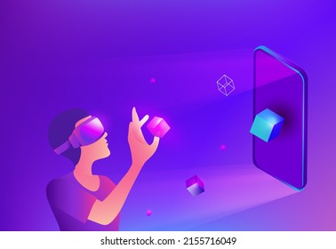 Man wearing virtual reality goggle glass, having 3d experience in virtual reality in metaverse world vector illustration. Metaverse and blockchain 3D experience technology concept