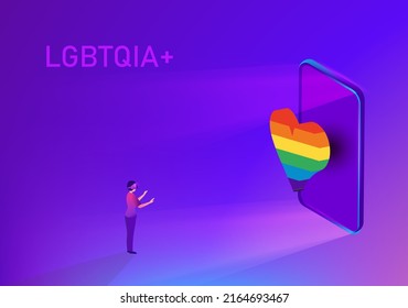 Man wearing virtual reality goggle glass, having 3d experience in LGBTQ rainbow heart community virtual reality vector illustration. Metaverse and blockchain 3D experience technology concept