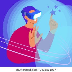 Mann trägt Virtual-Reality-Brille Glas, hat 3D-Erfahrung in der virtuellen Realität Vektor-Illustration. Metaverse und Blockchain 3D-Erlebnistechnologie Konzept.
