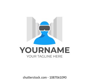 Man wearing virtual reality goggles, city and street with perspective, logo template. Human using headset and glasses virtual reality, vector design. Innovation technology and gaming, illustration