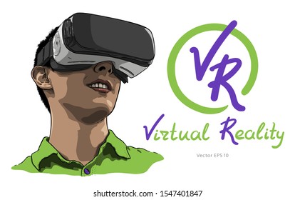 Man wearing virtual reality goggles. Hand drawn vector illustration, sketch