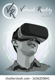 Man wearing virtual reality goggles. Hand drawn vector illustration, sketch