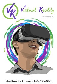 Hombre usando gafas de realidad virtual. Dibujo de vector dibujado a mano, boceto