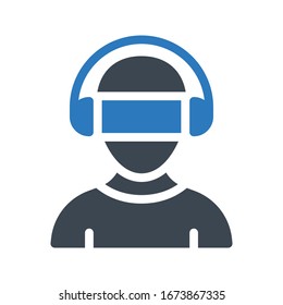 Man wearing virtual reality goggles vector glyph flat icon.