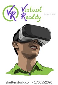 Hombre usando gafas de realidad virtual. Dibujo de vector dibujado a mano, boceto