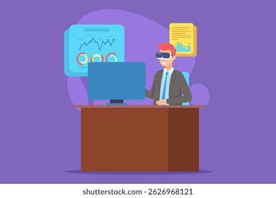 Man wearing virtual reality goggles sitting at desk in office, engaged with computer. Charts and graphs on wall, showcasing data analysis