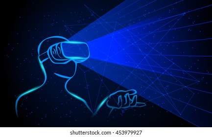 Man wearing virtual reality goggles. Blue neon high-tech illustration on a black background.