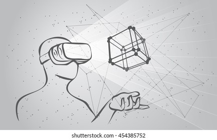 Man wearing virtual reality goggles. Man controls the 3D object by means his hands.  Monochrome high-tech illustration on a black background with lines and dots.