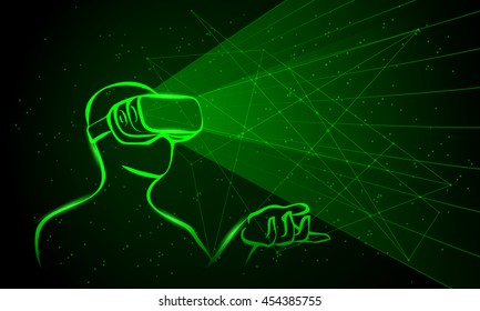 Man wearing virtual reality goggles. Green neon high-tech illustration on a black background.