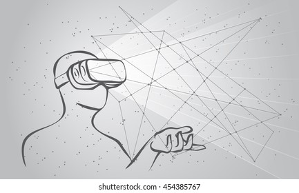 Man wearing virtual reality goggles. Monochrome high-tech illustration on a black background with lines and dots.