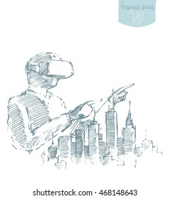  Man wearing virtual reality goggles  Hand drawn vector illustration  sketch