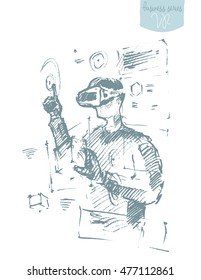 Man wearing virtual reality goggles  Hand drawn vector illustration  sketch
