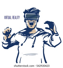 Man wearing virtual reality goggles, sketch style, vector illustration, happy